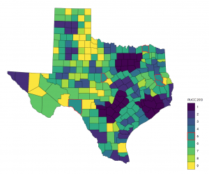Map of Texas with all RUCC scores